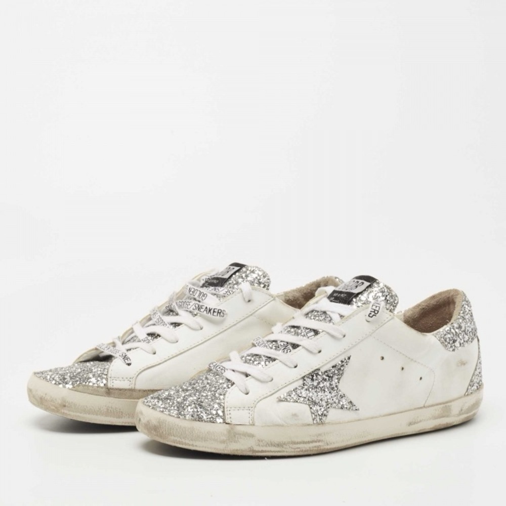 Golden Goose White and Silver Distressed Sneakers